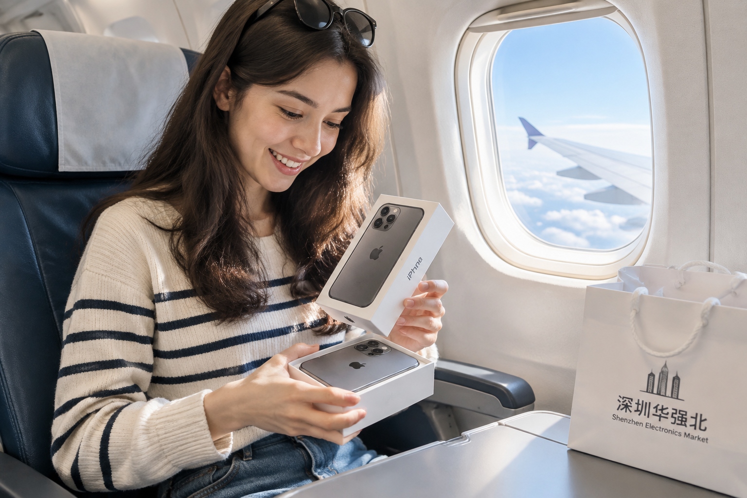 International traveler with a new Chinese smartphone before departing from Shenzhen airport, checking the box content
