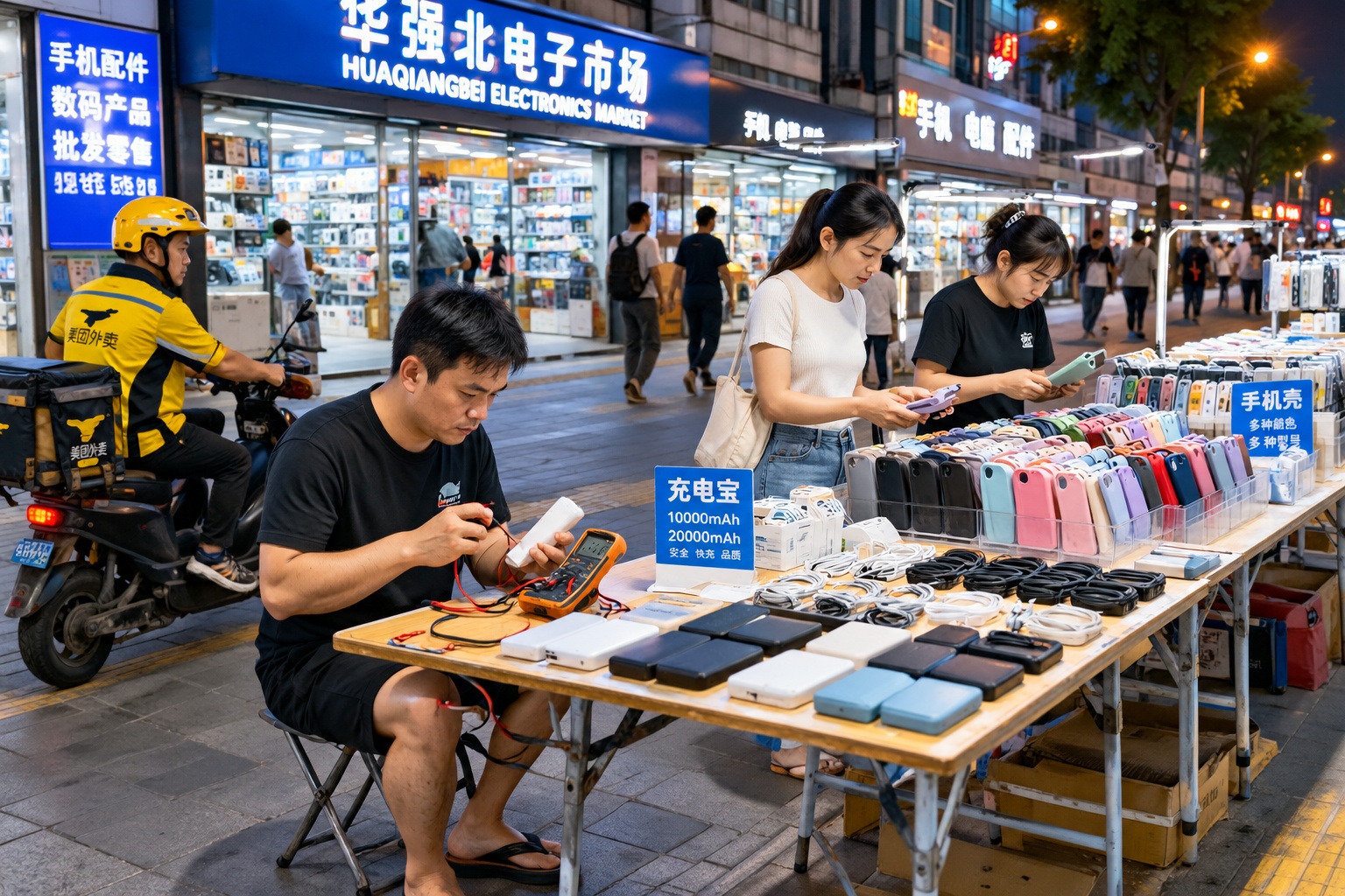 Night market stalls with phone cases and power banks under LED lights on a side street in Huaqiangbei, Shenzhen, as a repair technician tests electronics.
