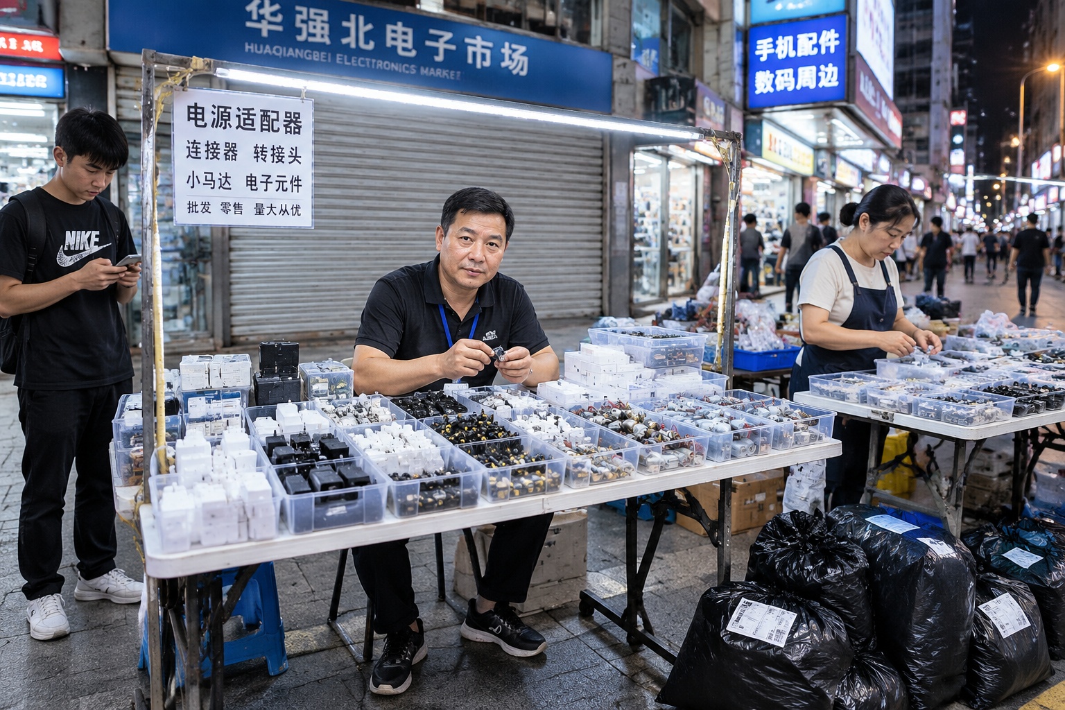A stall owner in Huaqiangbei at night sorting small electronic parts and packing orders into black plastic bags at a folding table.