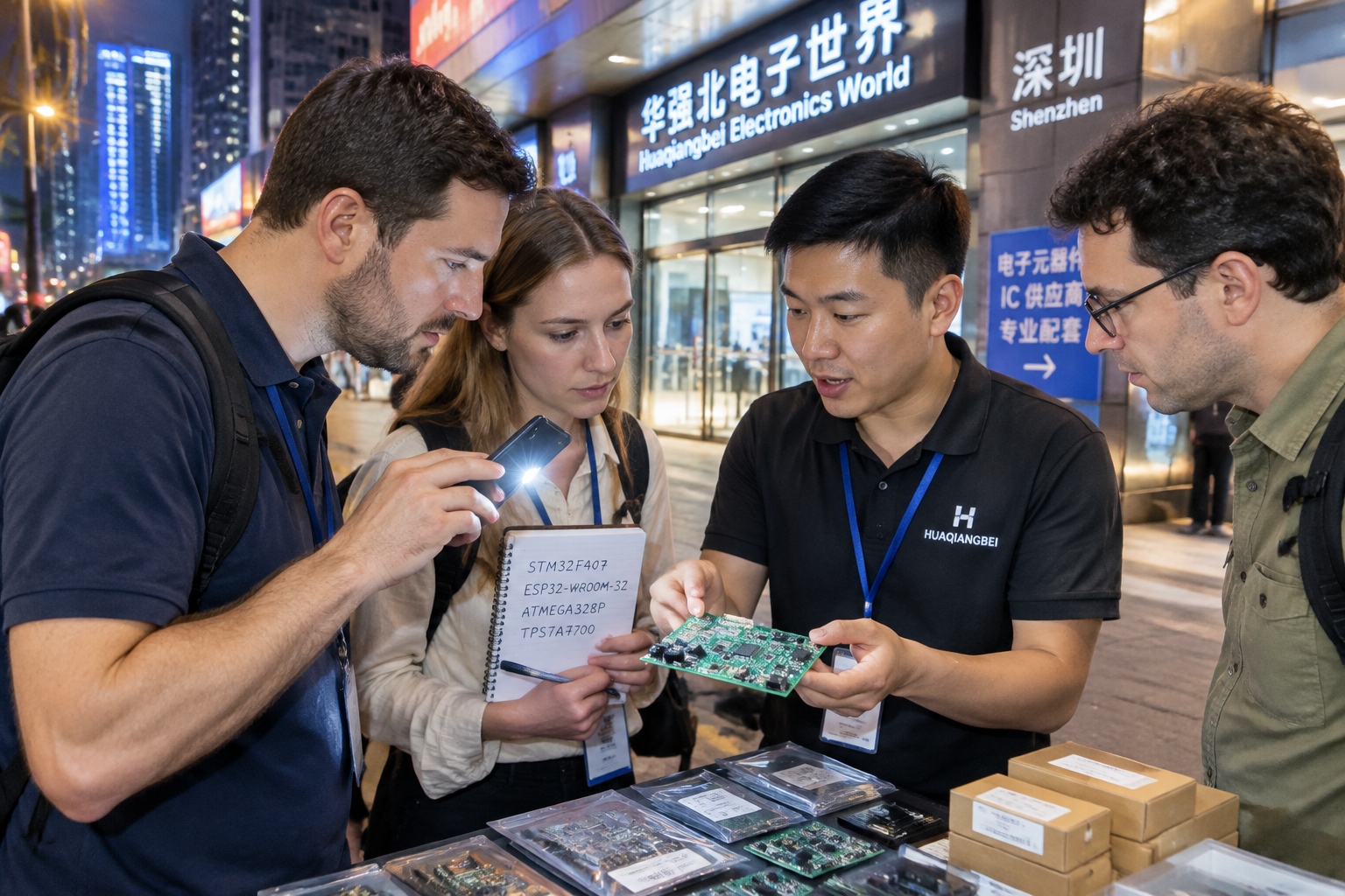 Overseas buyers inspecting a circuit board with a phone flashlight at a night electronics stall in Huaqiangbei, Shenzhen.