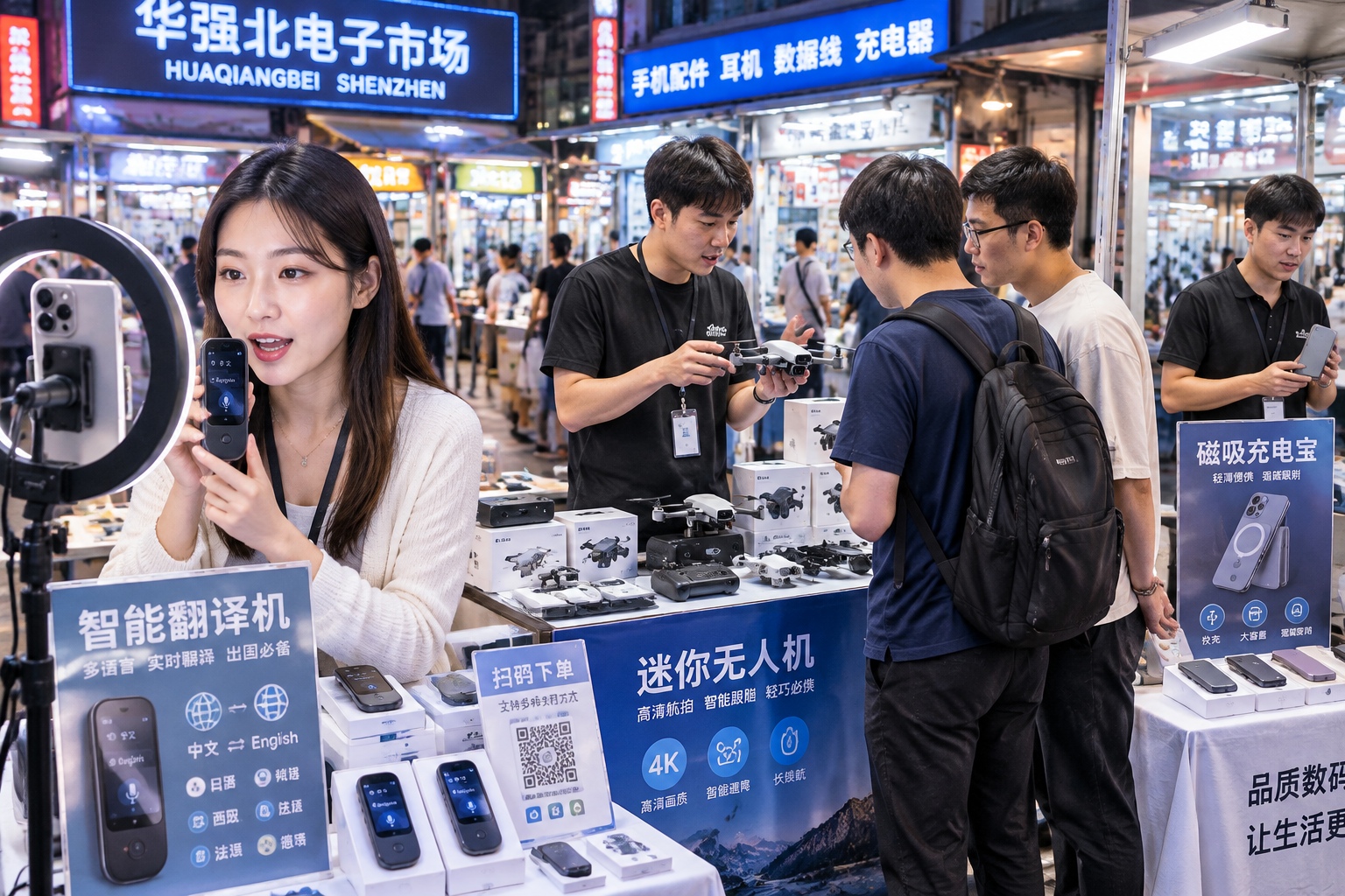 A young woman livestreams a handheld translator at a Huaqiangbei night stall while buyers watch a mini drone demonstration.