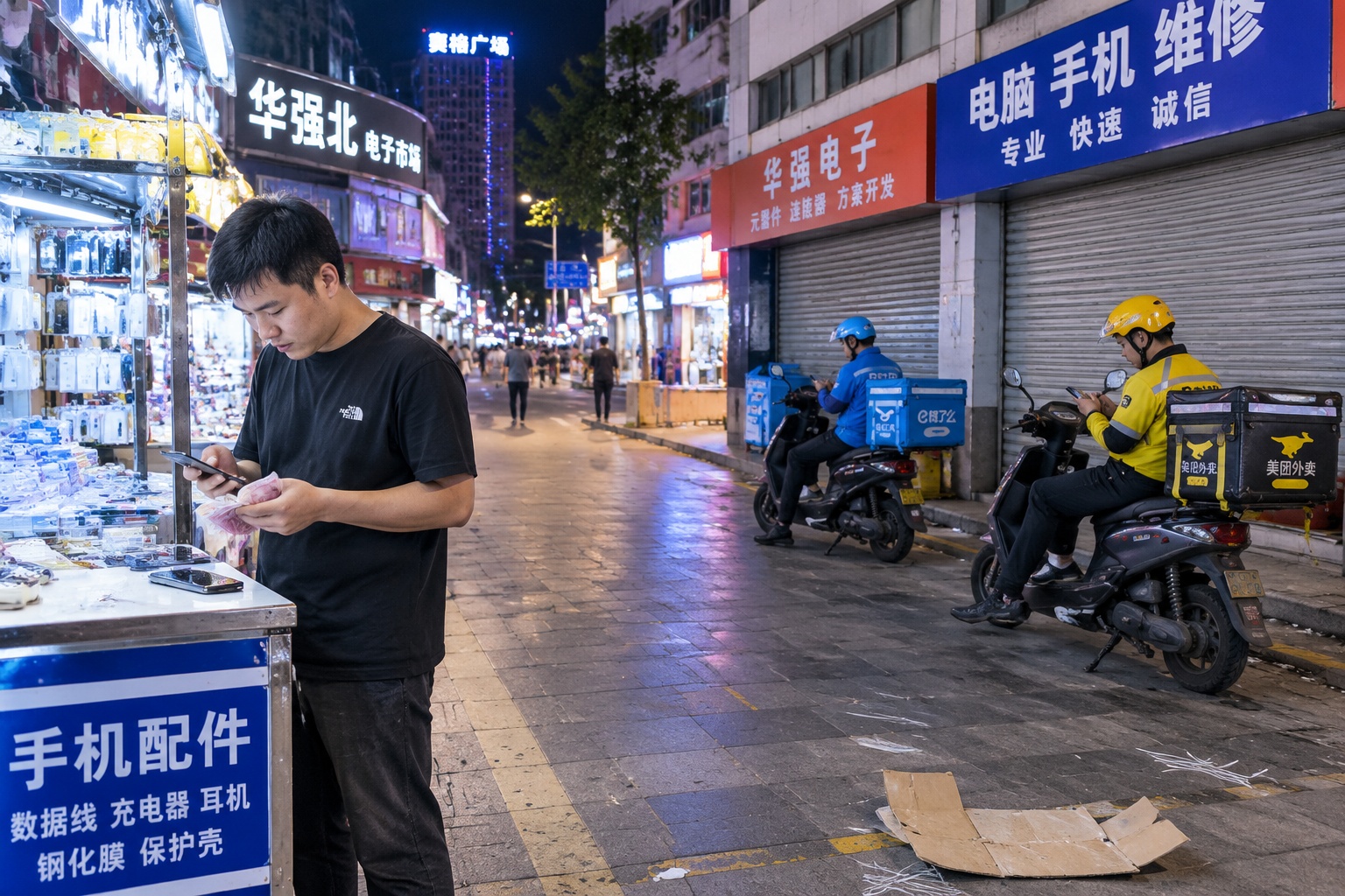Late-night Huaqiangbei street after midnight with LED-lit stalls, a seller counting cash, and delivery riders waiting.