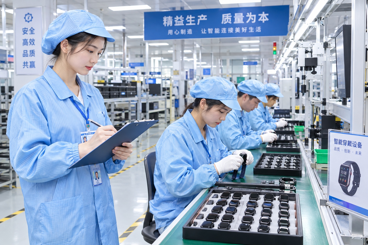 Workers assembling smart electronics on a production line in a Chinese factory