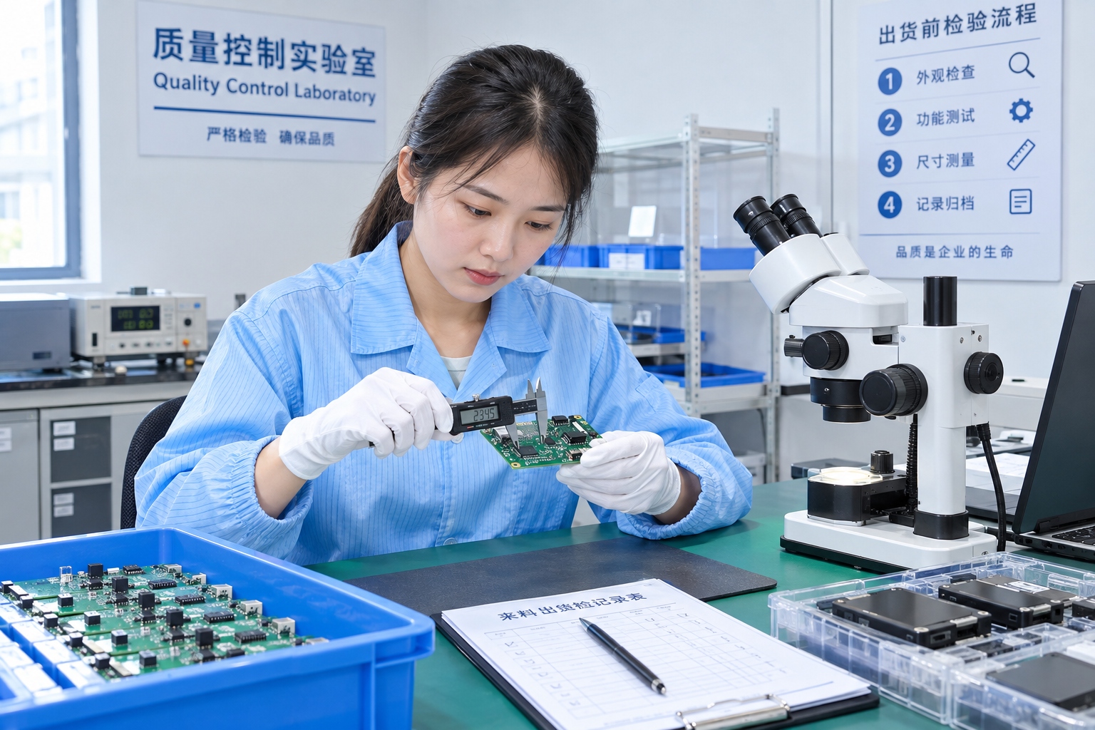 Quality control technician inspecting an electronic component in a Chinese testing lab