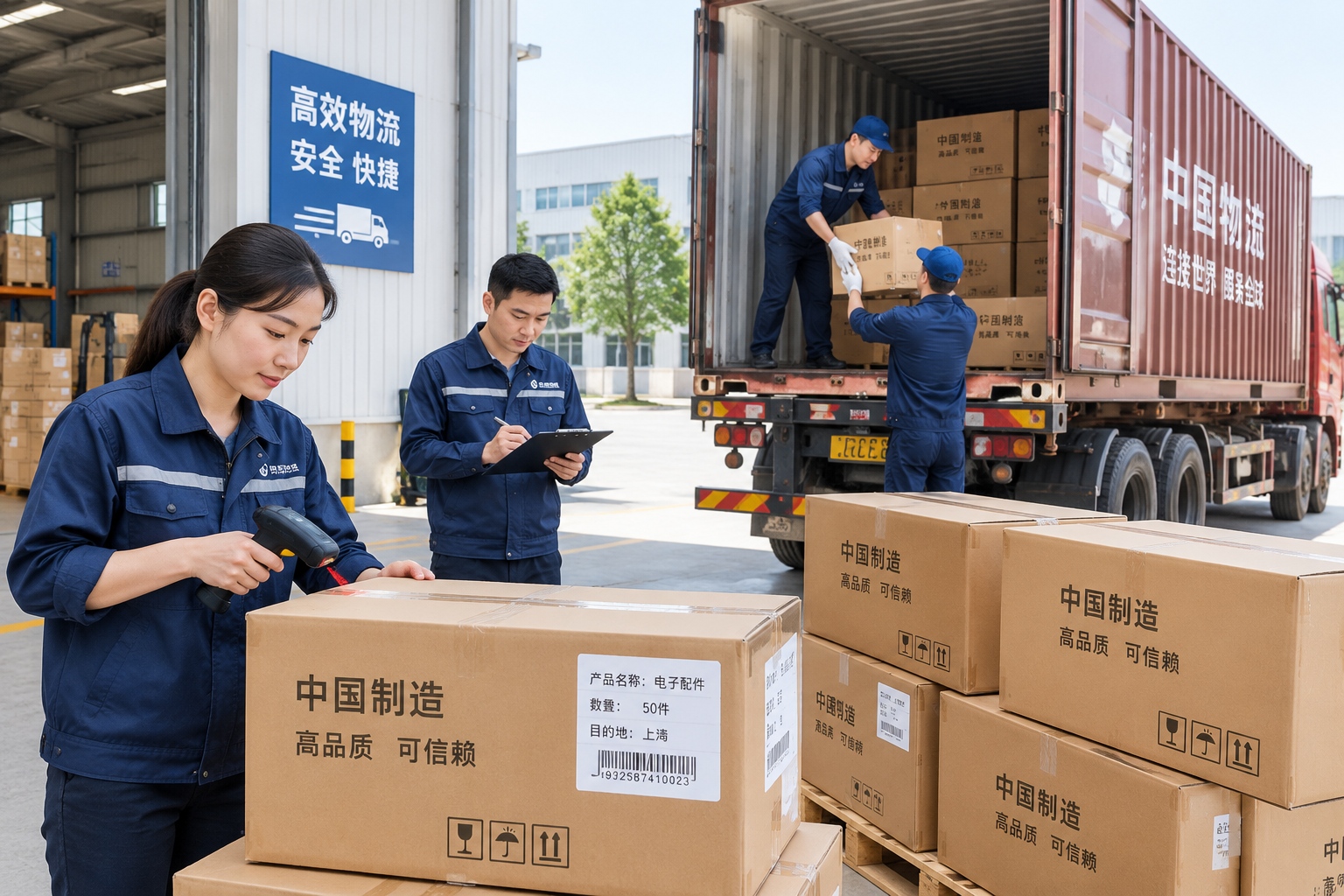 Logistics workers loading electronics cartons onto a container truck in a Chinese warehouse