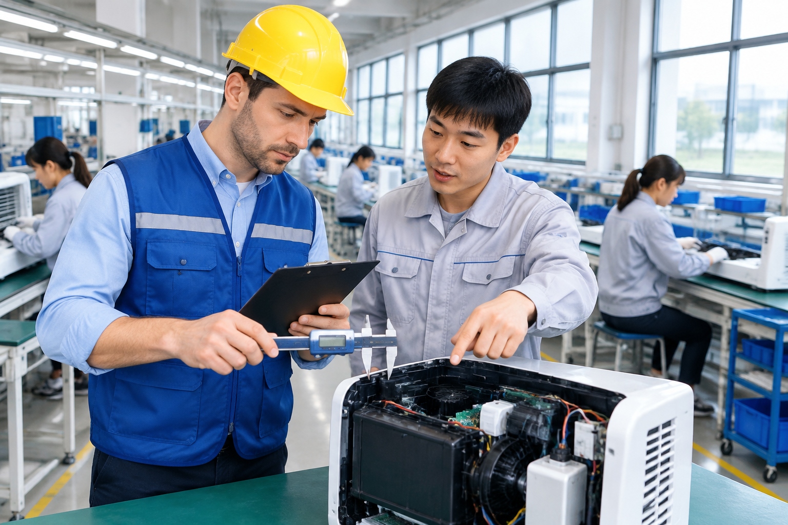 Third-party inspector measuring products with a Chinese factory worker during a quality audit