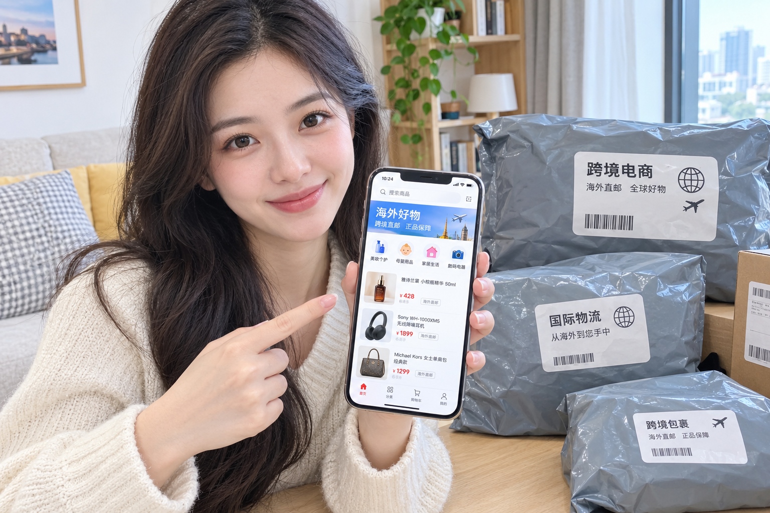 Young woman checking a delivery order on her smartphone with several freshly arrived e-commerce packages on the floor