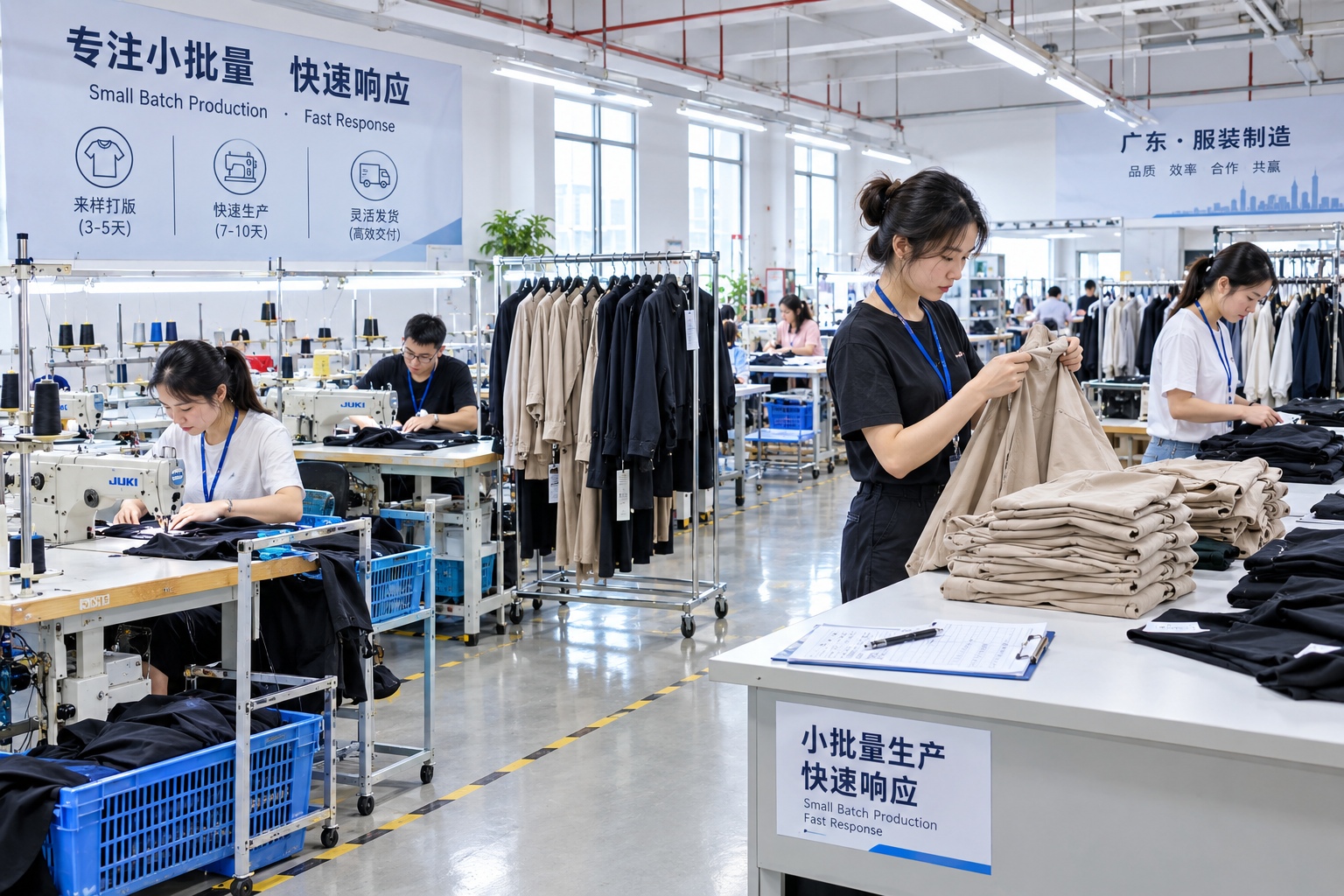 Workers in a Guangdong garment factory handle a small batch of clothing near sewing machines and fabric racks
