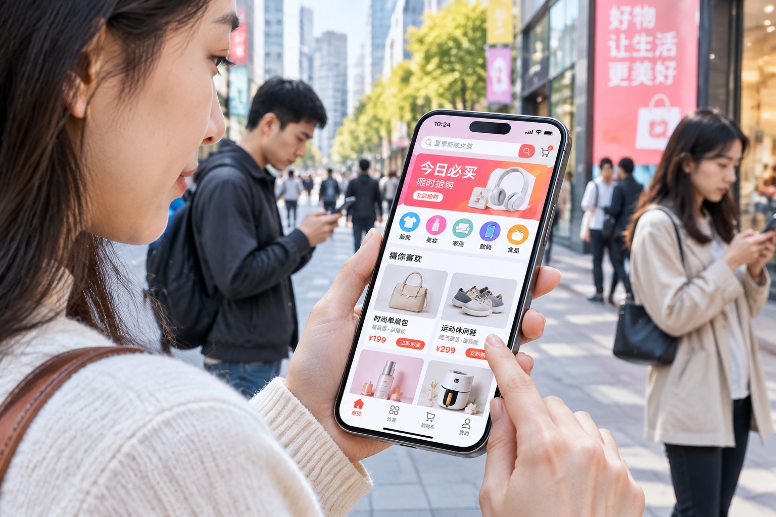Shopper scrolling a colorful flash-sale e-commerce app while walking on a city street