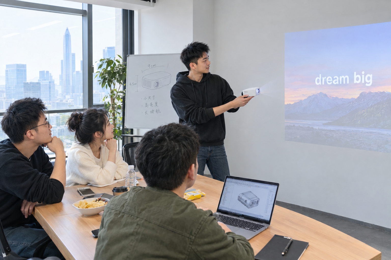Shenzhen startup founder showing a compact smart projector to his team inside a office during product testing