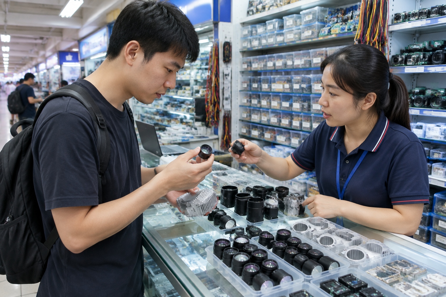 Shenzhen hardware startup founder sourcing projector components at Huaqiangbei electronics market