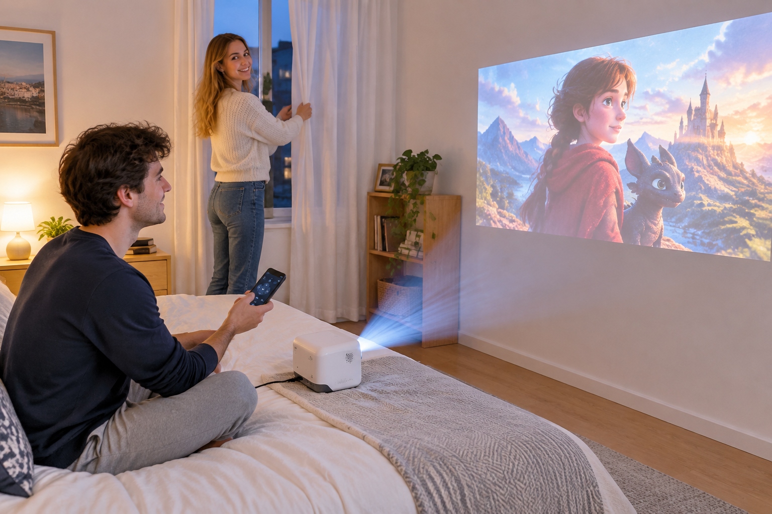 Young European couple watching a movie on a wall using a portable Chinese smart projector in their small apartment