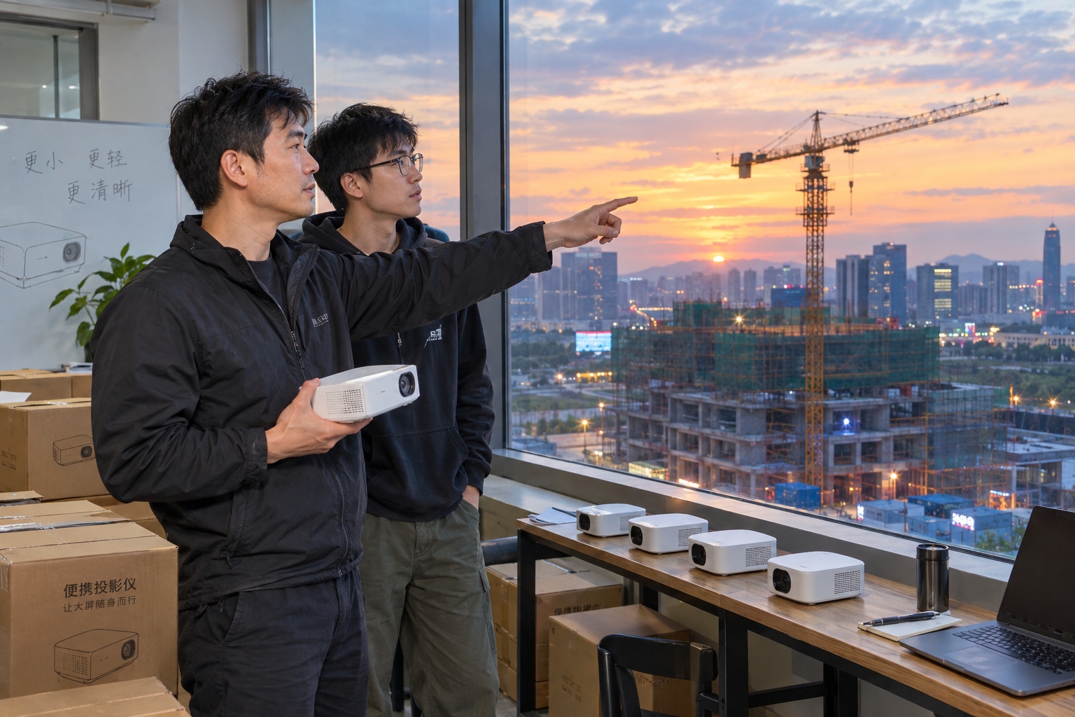 Shenzhen startup founder looking at construction site from his office window at dusk