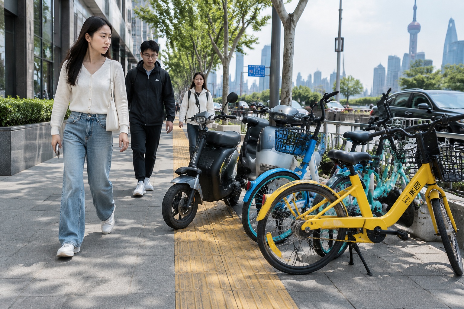 Yellow tactile paving on a Chinese city pavement partly blocked by parked shared bikes and an electric scooter