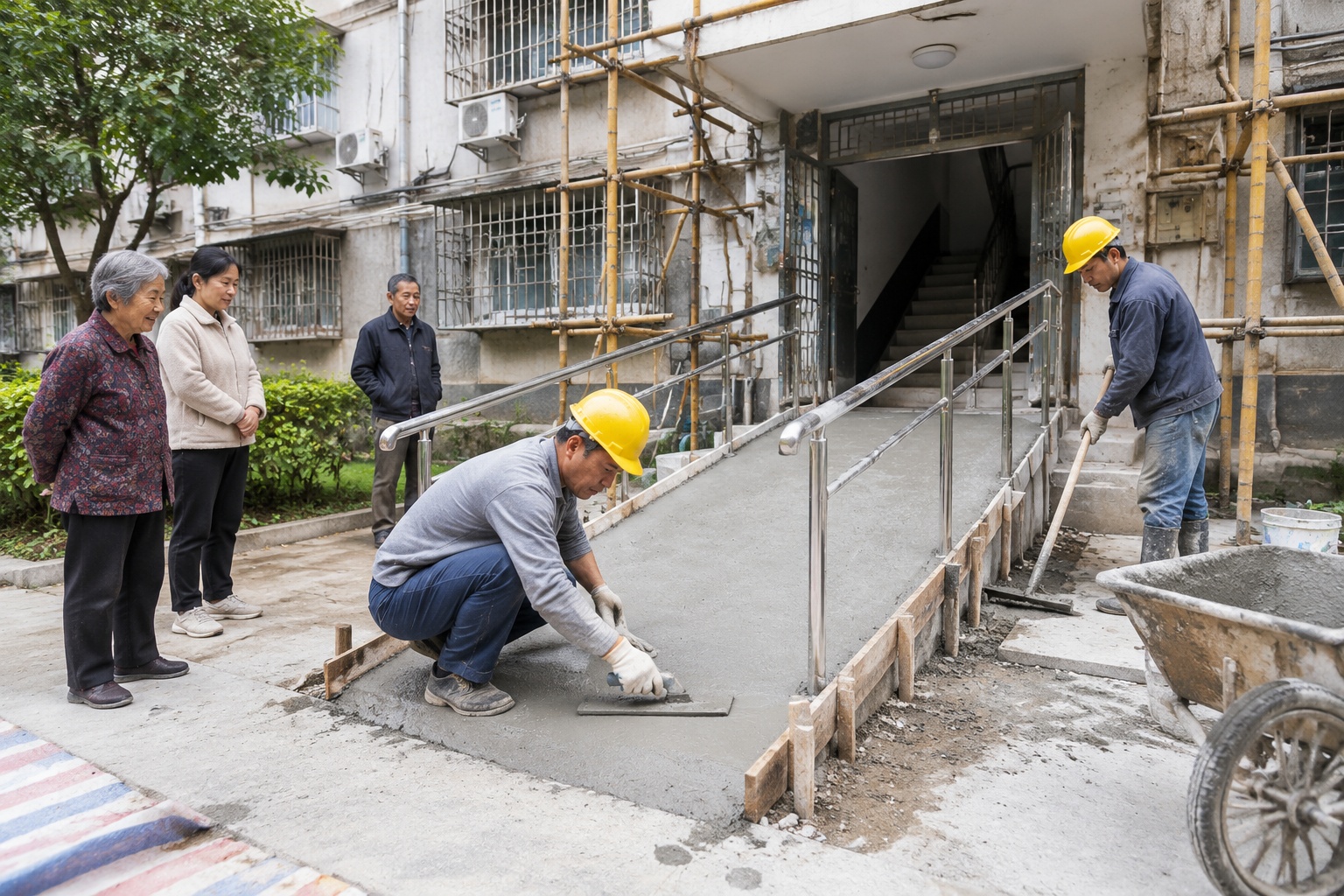 Workers building an accessibility ramp at the entrance of an older residential building in China