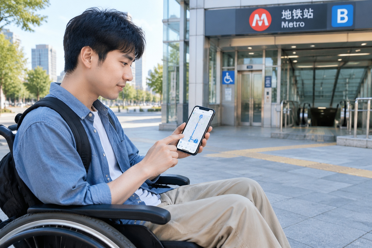 A wheelchair user checking an accessible navigation app on his phone outside a metro station in China