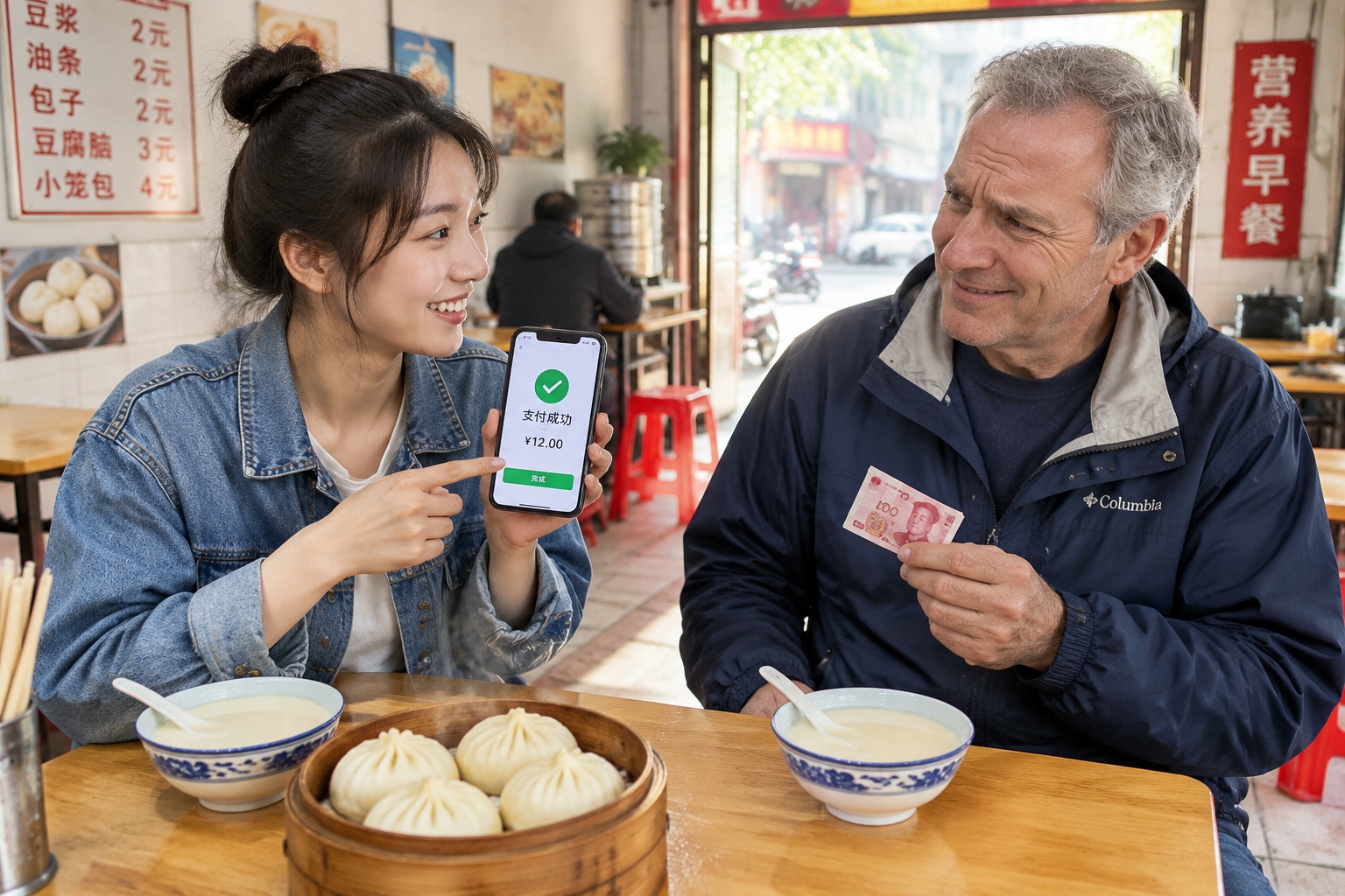 Young Chinese woman paying by phone for a group of American visitors at a small breakfast shop in Beijing