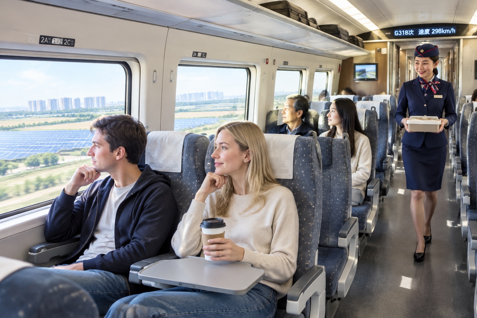 Passengers looking out of the window on a high-speed train travelling from Beijing to Shanghai