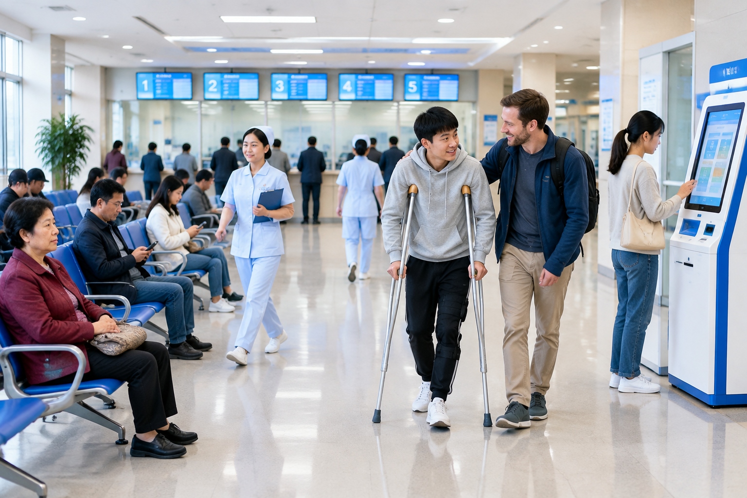 Busy outpatient hall in a large Chinese public hospital with self-service check-in kiosks and waiting patients