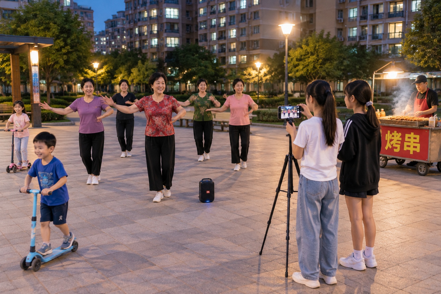 Elderly women dancing in a city plaza at night while children play and a street vendor grills skewers nearby