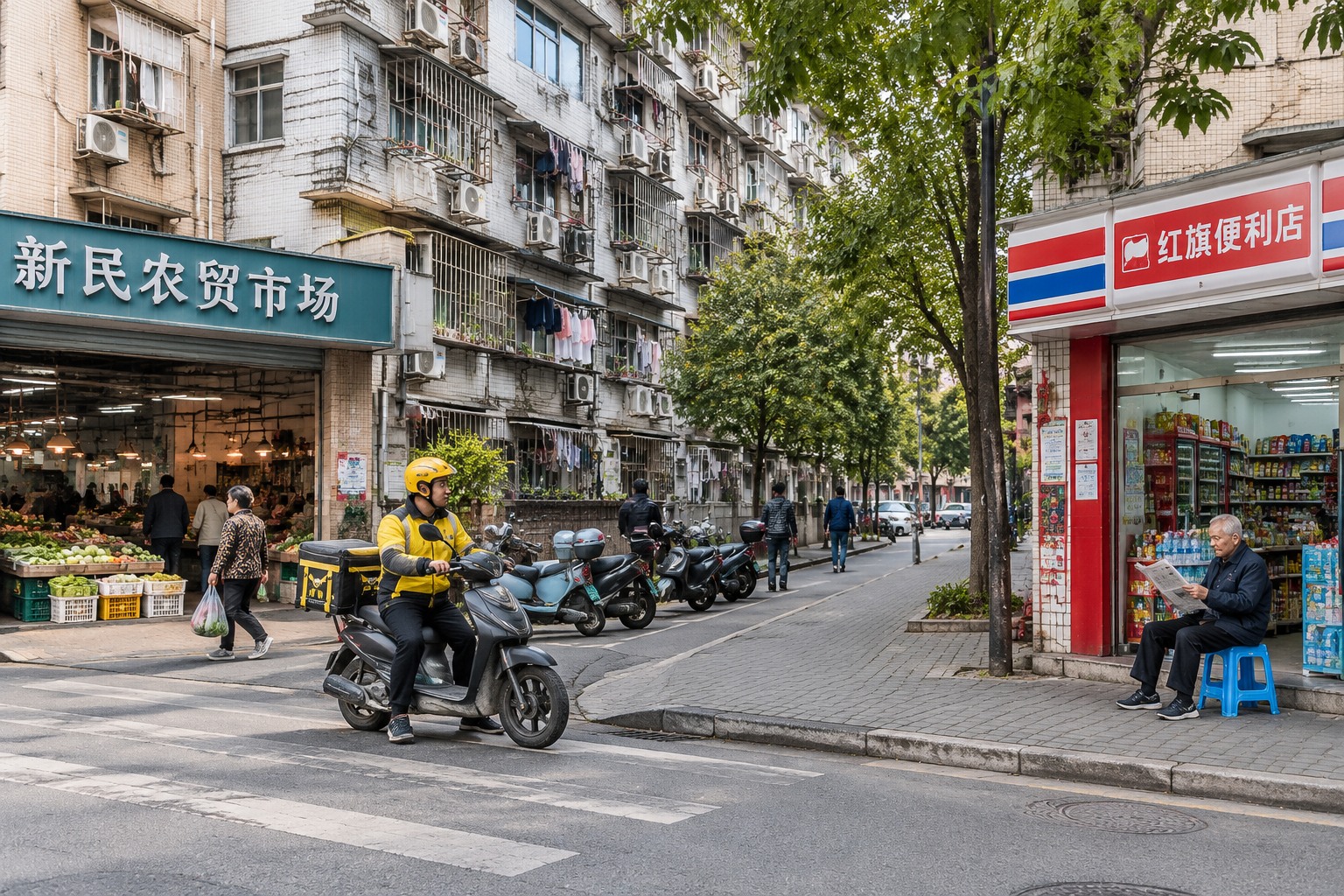 Dense residential neighbourhood in China with a wet market, delivery riders and elderly residents outside a convenience store