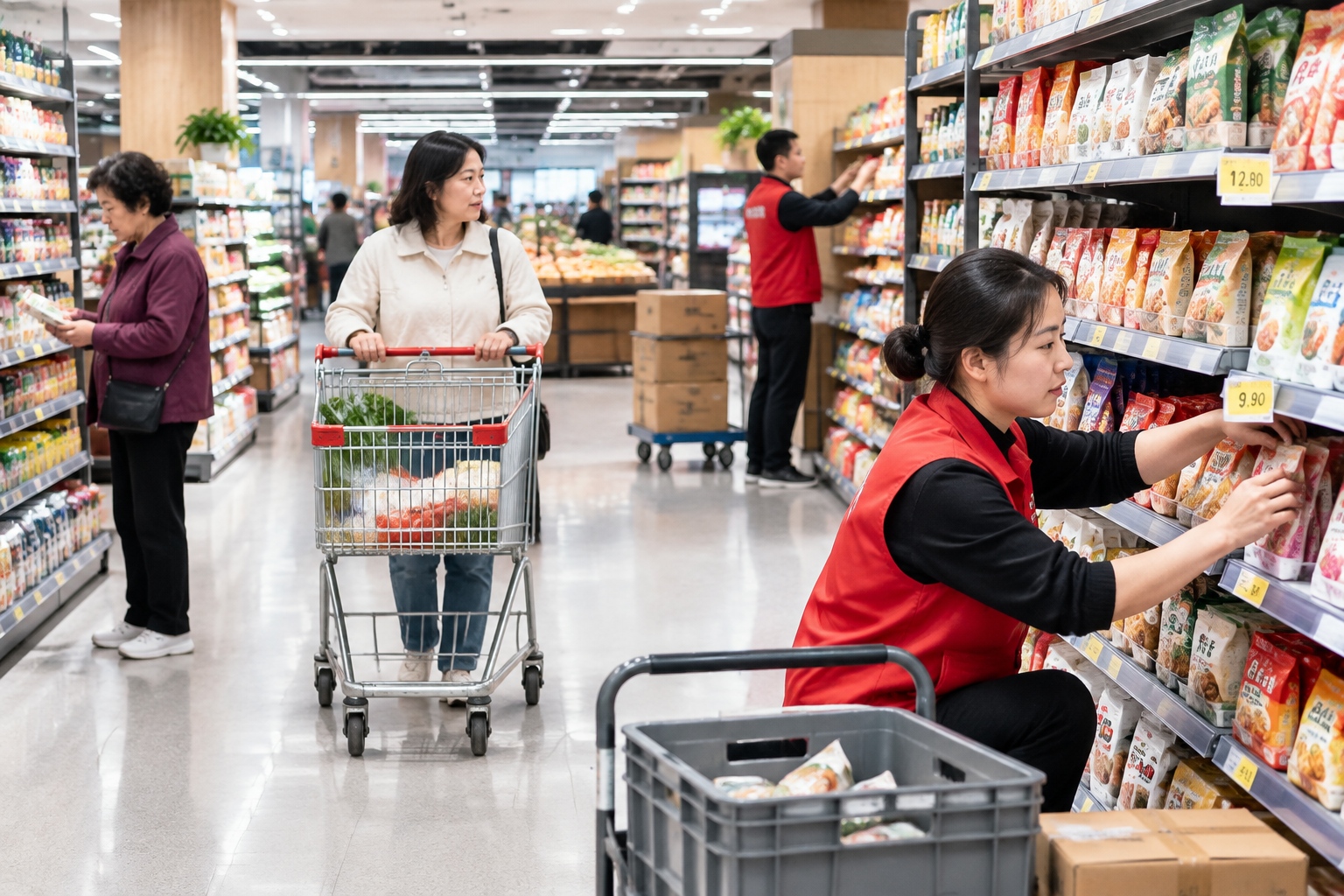 Employees in red vests restocking shelves while shoppers browse inside a Pangdonglai supermarket in Xuchang, China.