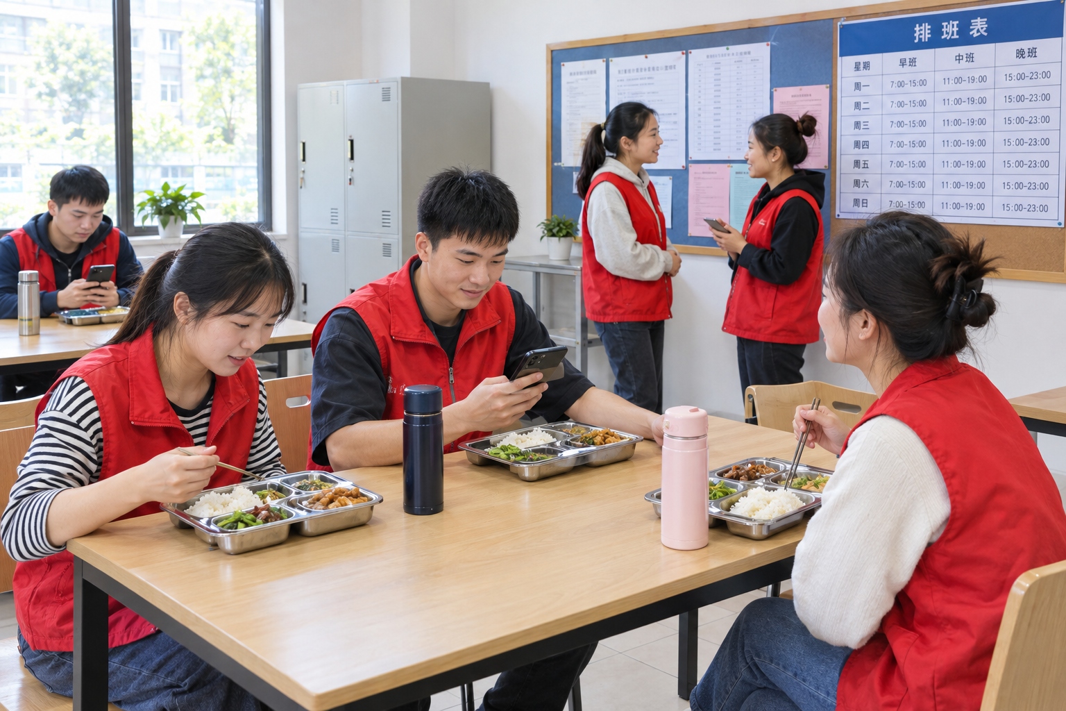 Young Pangdonglai employees eating lunch and checking phones in a staff break room.