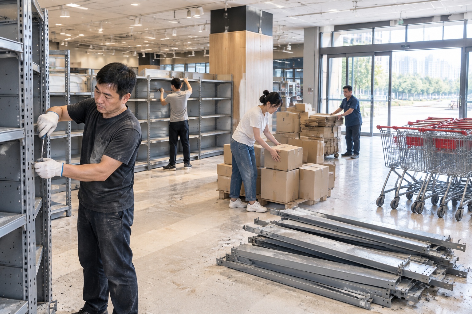 Workers dismantling shelves and packing boxes in a closed Pangdonglai store in Xuchang.