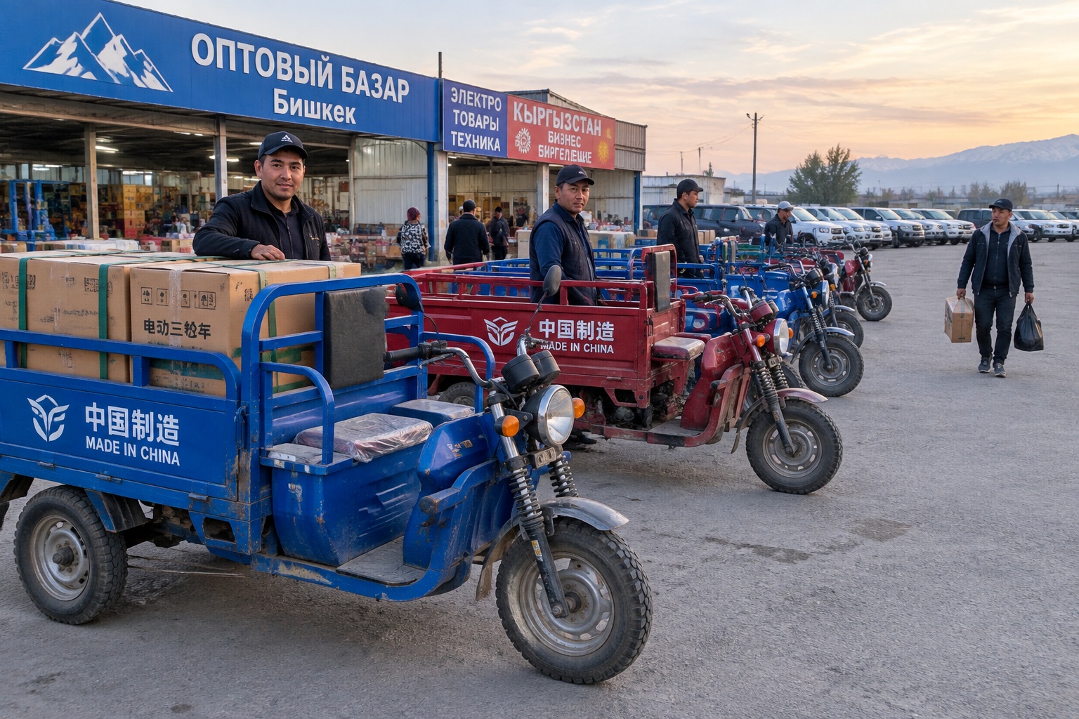 A row of Chinese-made electric cargo tricycles parked outside a wholesale bazaar in Bishkek, Kyrgyzstan, with traders walking between them and unused pickup trucks further away.