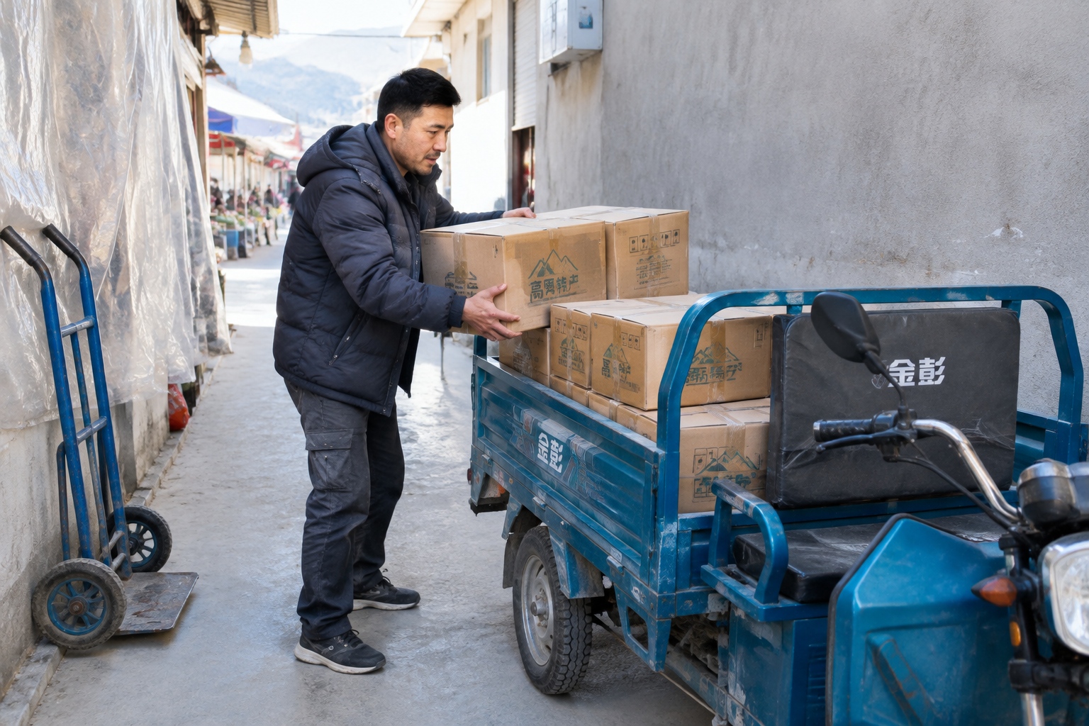 A trader loading stacked cardboard boxes onto the flat bed of an electric cargo tricycle inside a narrow two-metre-wide market lane in Central Asia.