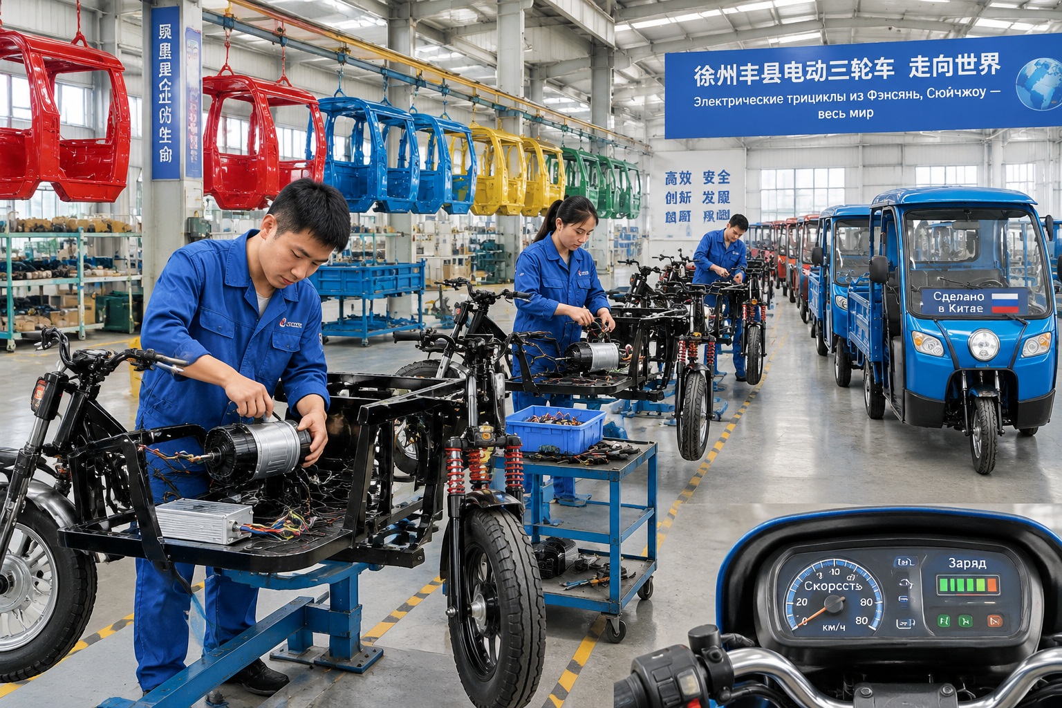 Workers assembling electric tricycle frames and motors inside a factory in Fengxian County, Xuzhou, Jiangsu province, with rows of finished export models behind them.