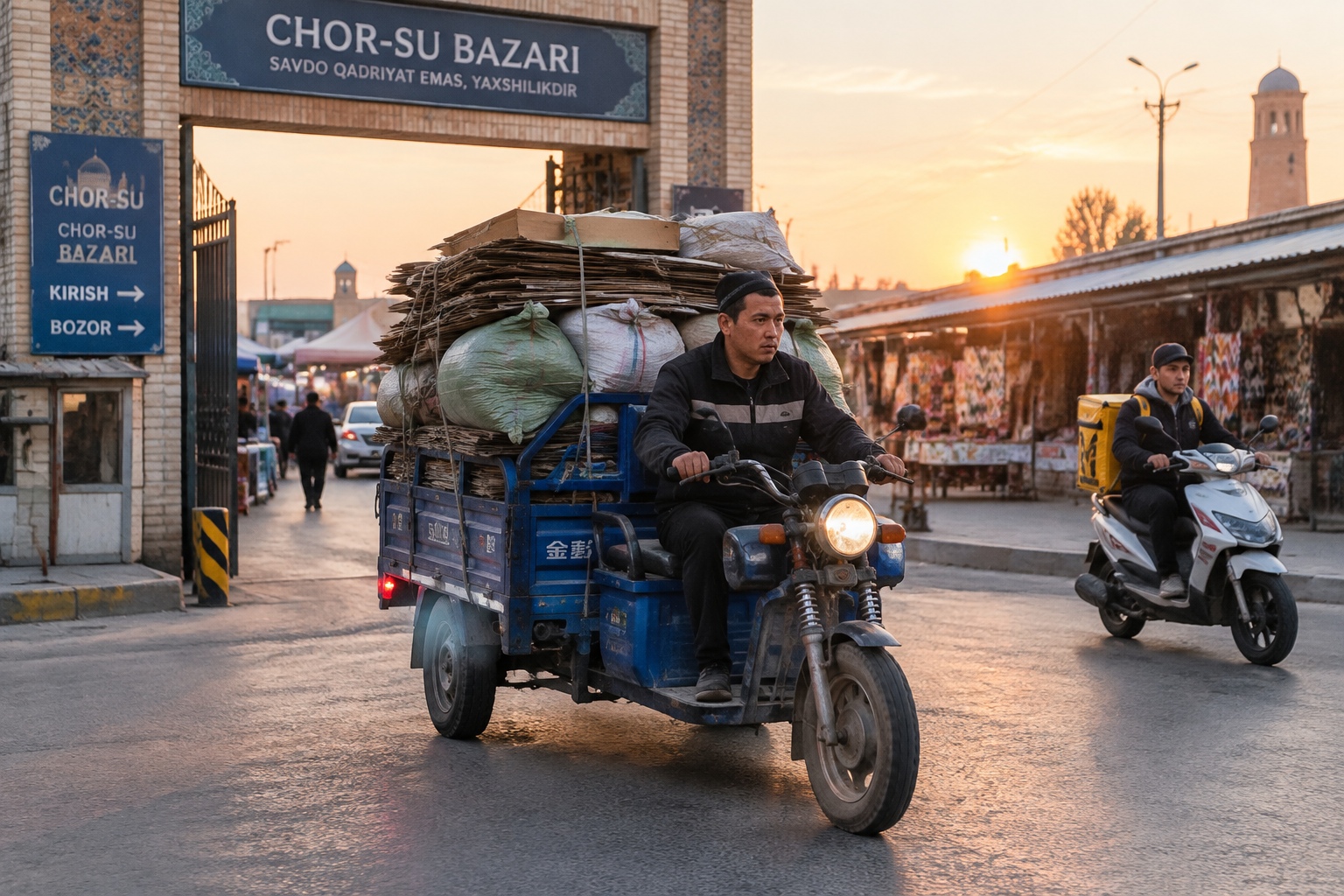 A heavily loaded electric cargo tricycle pulling out of a Central Asian bazaar at dusk into slow traffic, with a delivery scooter passing in the other direction.