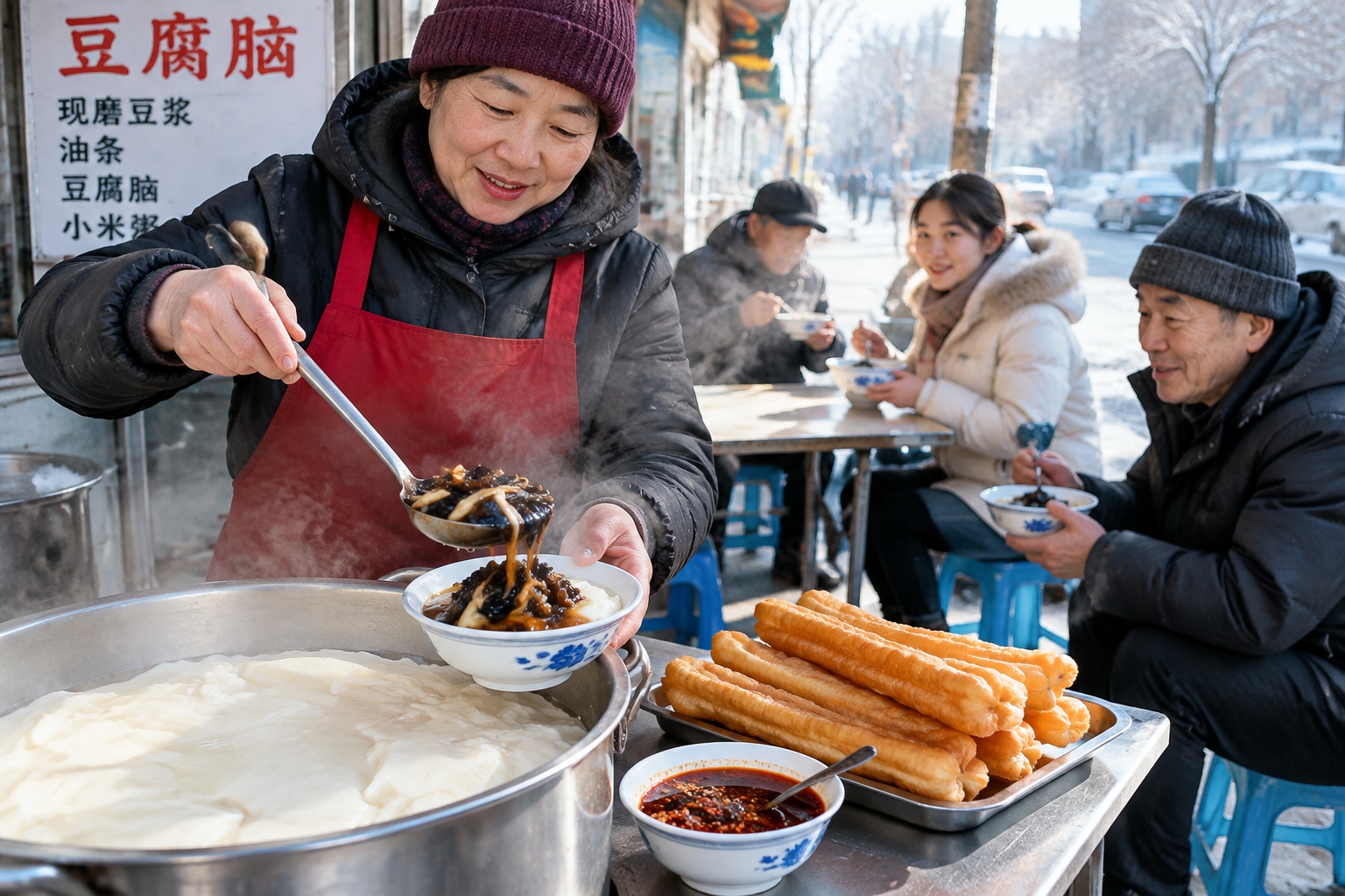 Vendor ladling savory wood-ear and daylily gravy over a bowl of silken tofu pudding at a northern Chinese breakfast stall, with fried dough sticks on the table beside customers