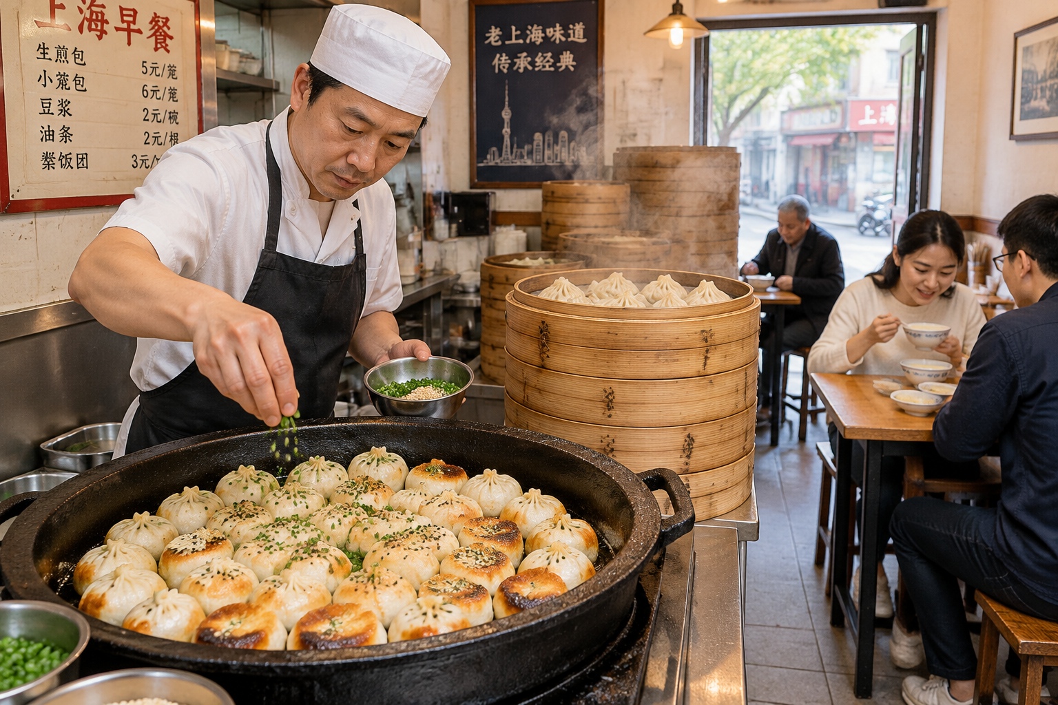Cook sprinkling sesame and scallions over a cast-iron pan of pan-fried shengjianbao buns in a Shanghai breakfast shop, with bamboo steamers of xiaolongbao behind him