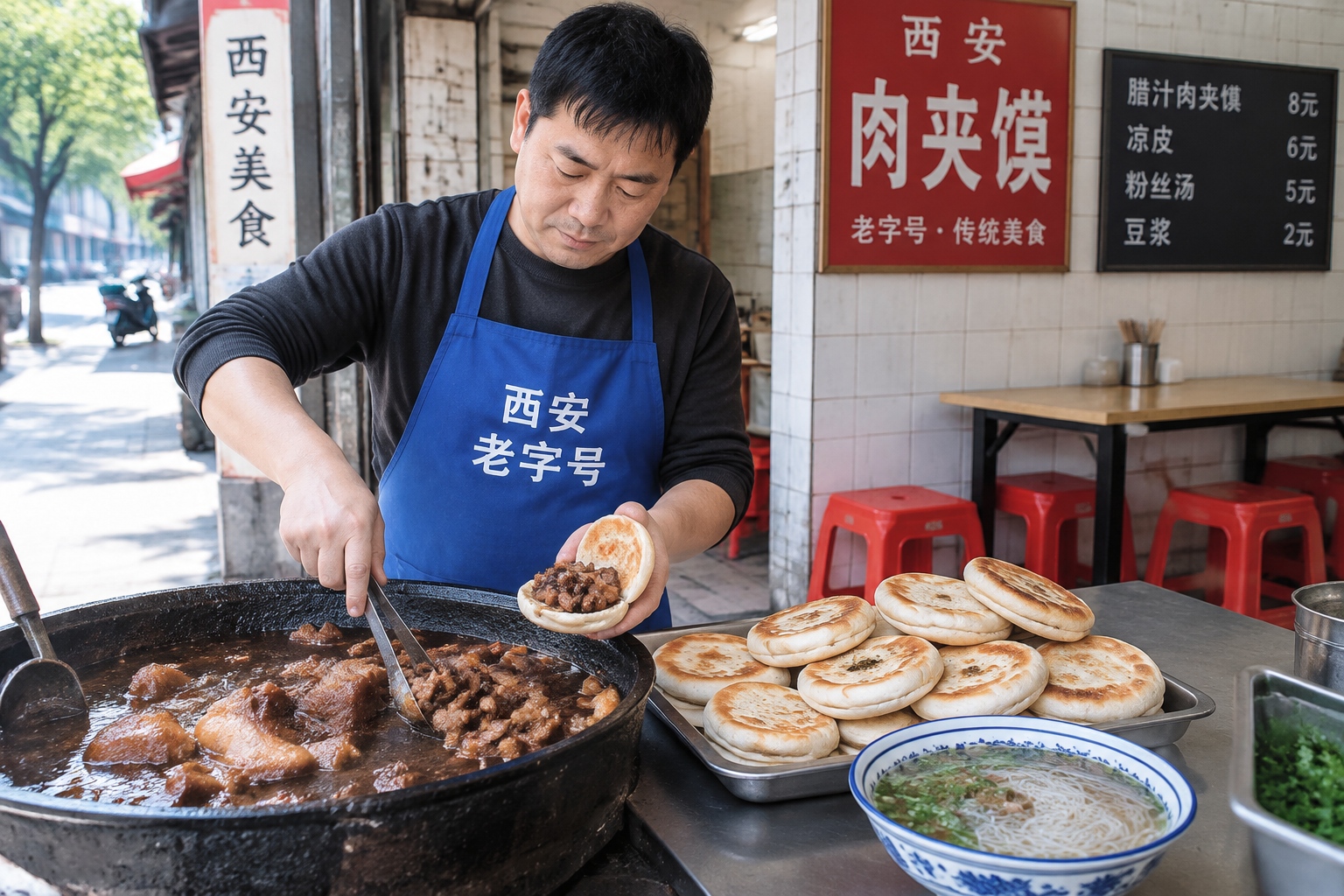 Xi'an street vendor chopping ten-hour braised pork and filling a freshly baked crisp bun to make roujiamo at a morning food counter