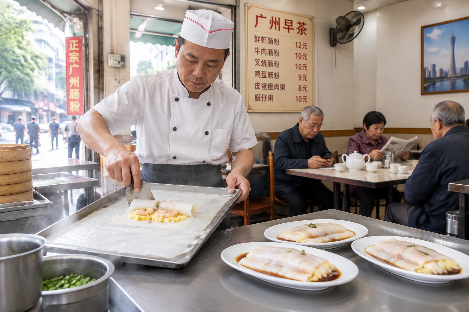 Cook rolling a steamed rice noodle sheet around shrimp and egg to make cheung fun at a Cantonese breakfast shop in Guangzhou, with finished plates and teapots on the counter
