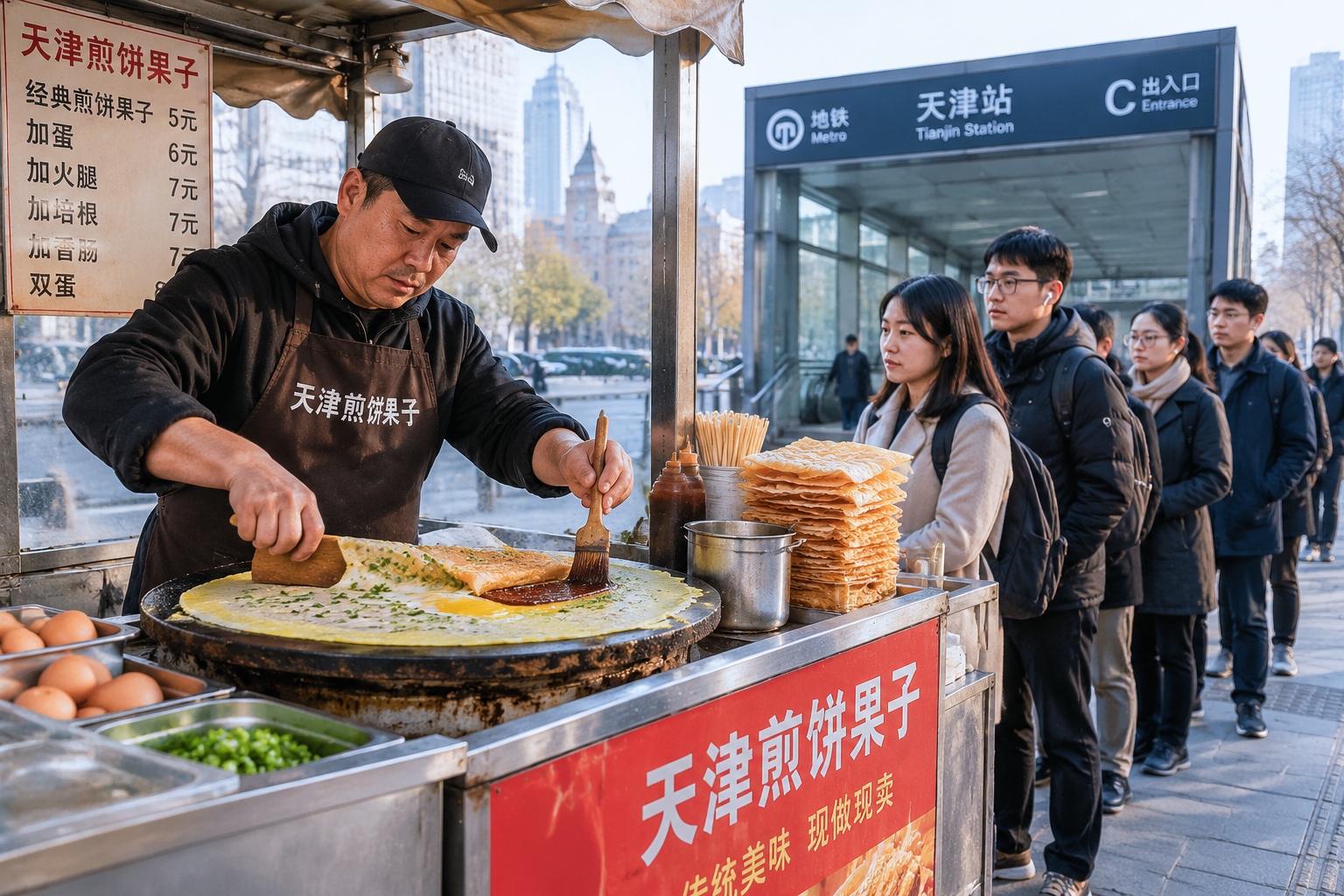 Tianjin street vendor spreading mung bean batter on a hot griddle and folding a fried cracker into a jianbing guozi while commuters queue during morning rush hour