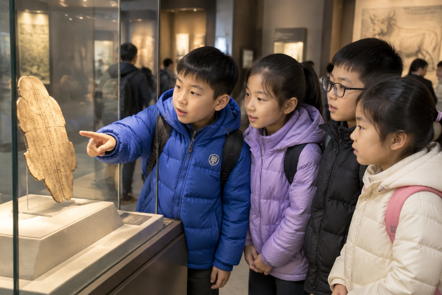 Chinese schoolchildren looking at an inscribed ox shoulder blade in a glass case at the Yinxu Museum in Anyang, Henan