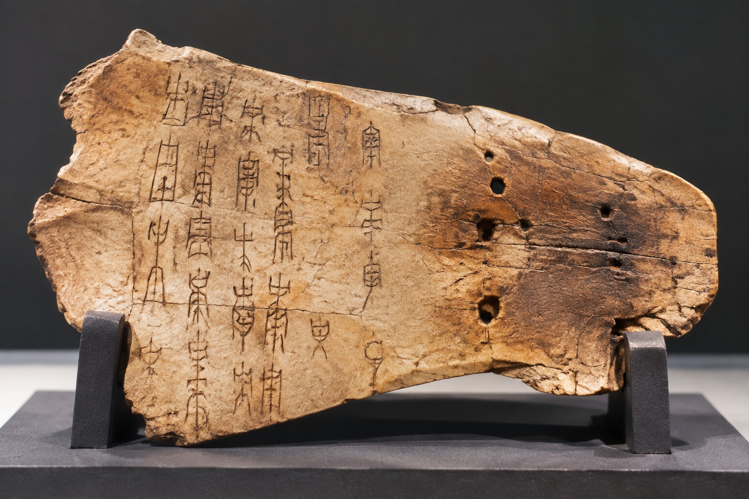 Close-up of a Shang dynasty oracle bone with carved characters and burned divination hollows on museum display