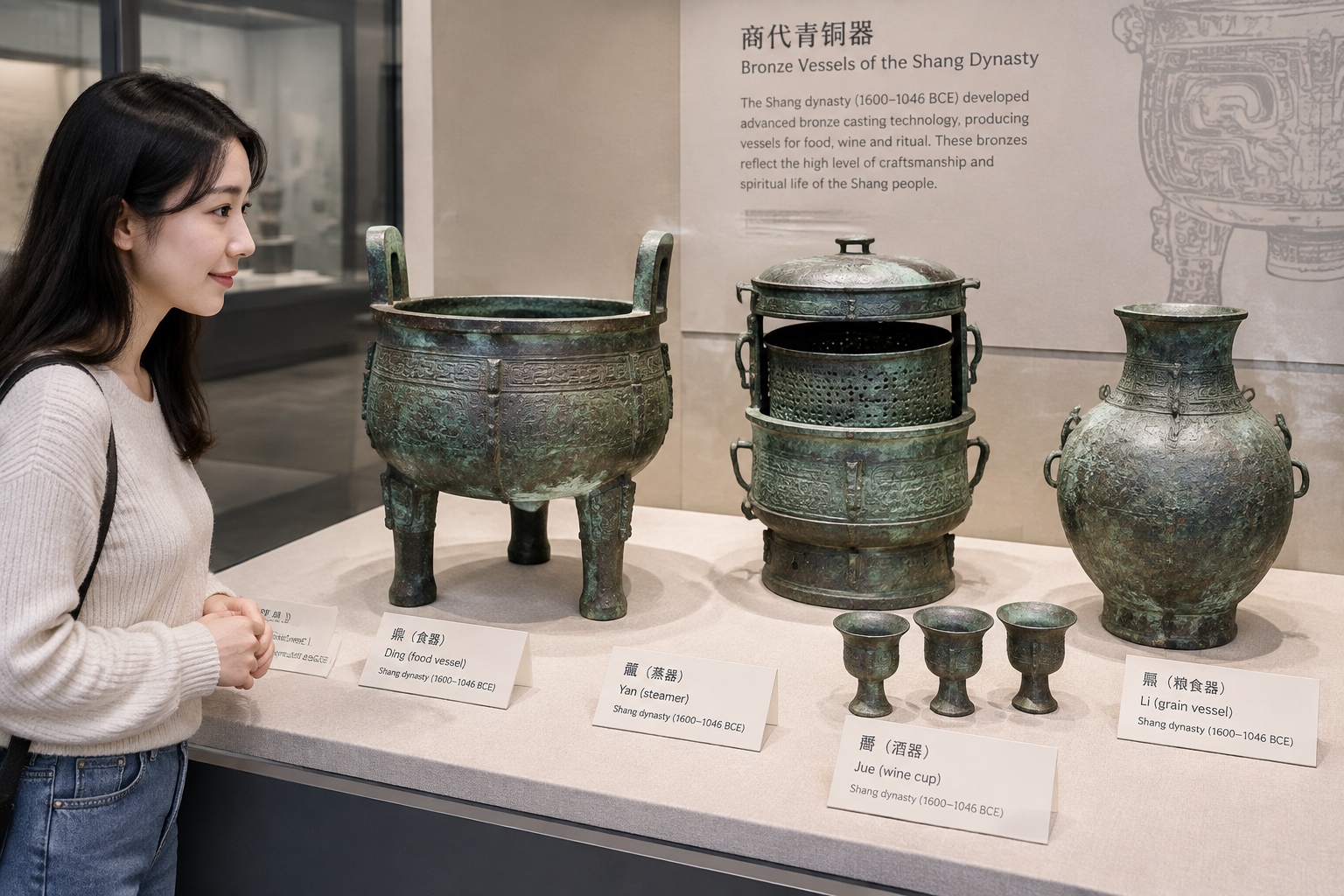 Shang dynasty bronze cooking and wine vessels including a ding cauldron, yan steamer and wine cups on display in a museum in Anyang