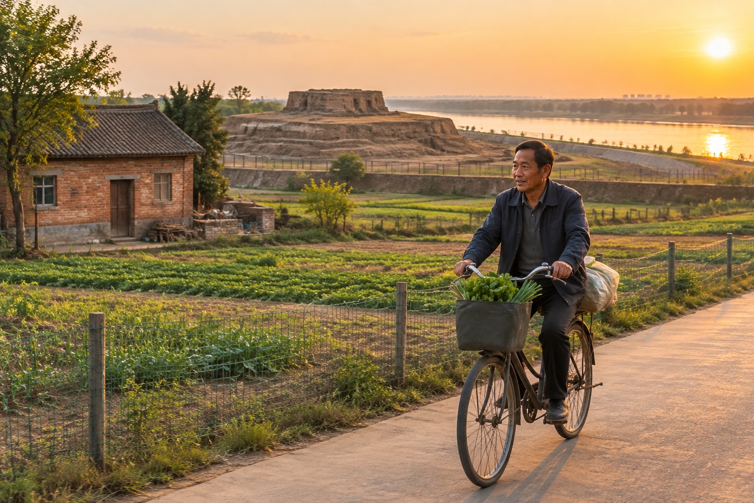 Villager cycling past farmland and houses beside the Yinxu archaeological site in Anyang at dusk