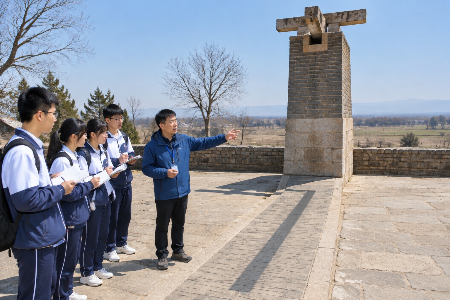 Beyond Shaolin: How Dengfeng's Mountains, Temples, and Observatory Shaped an Ancient Cosmic View 22 Students examining the 13th-century stone gnomon and shadow scale at Gaocheng Observatory in Dengfeng, China
