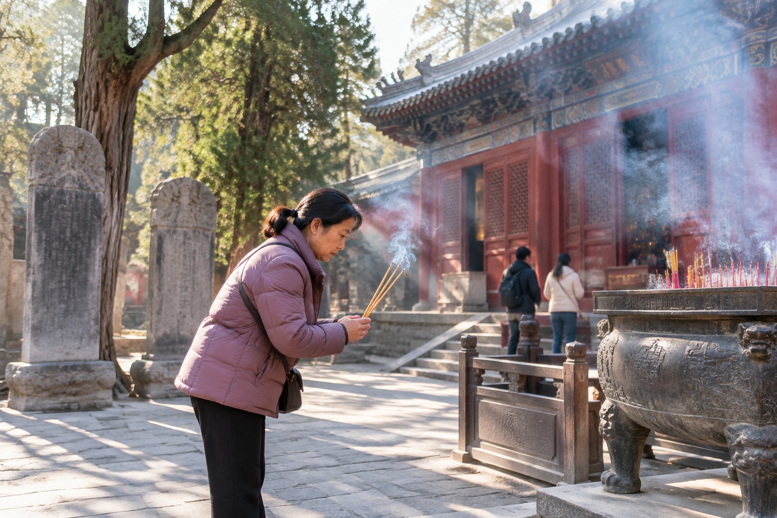 Beyond Shaolin: How Dengfeng's Mountains, Temples, and Observatory Shaped an Ancient Cosmic View 23 A woman holding incense bows in the courtyard of Zhongyue Temple in Dengfeng, with ancient cypresses and stone stelae behind her