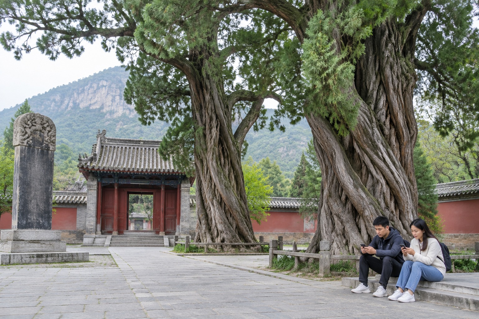 Beyond Shaolin: How Dengfeng's Mountains, Temples, and Observatory Shaped an Ancient Cosmic View 24 The two ancient general cypresses shading the stone courtyard of Songyang Academy in Dengfeng, with a Tang dynasty stele nearby