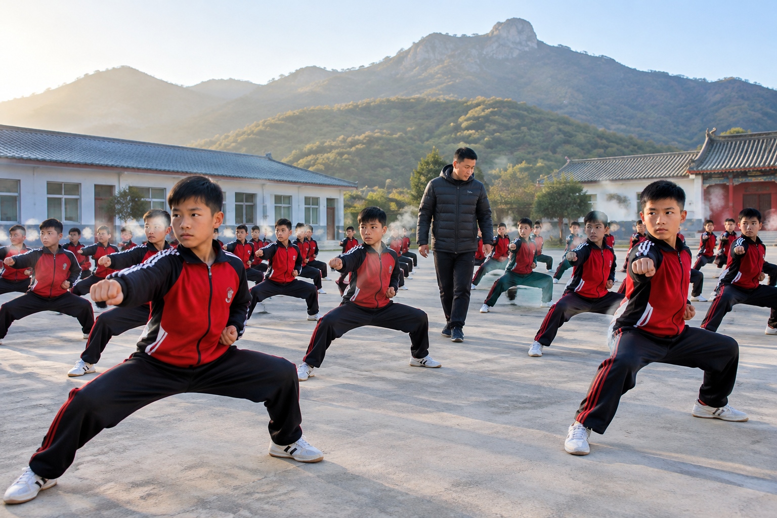 Beyond Shaolin: How Dengfeng's Mountains, Temples, and Observatory Shaped an Ancient Cosmic View 25 Young students training in synchronized stances at dawn in a martial arts school near Shaolin Temple in Dengfeng