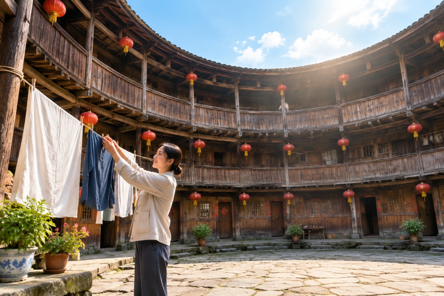 Interior courtyard of a Fujian tulou with circular wooden galleries, a woman hanging laundry in late afternoon light