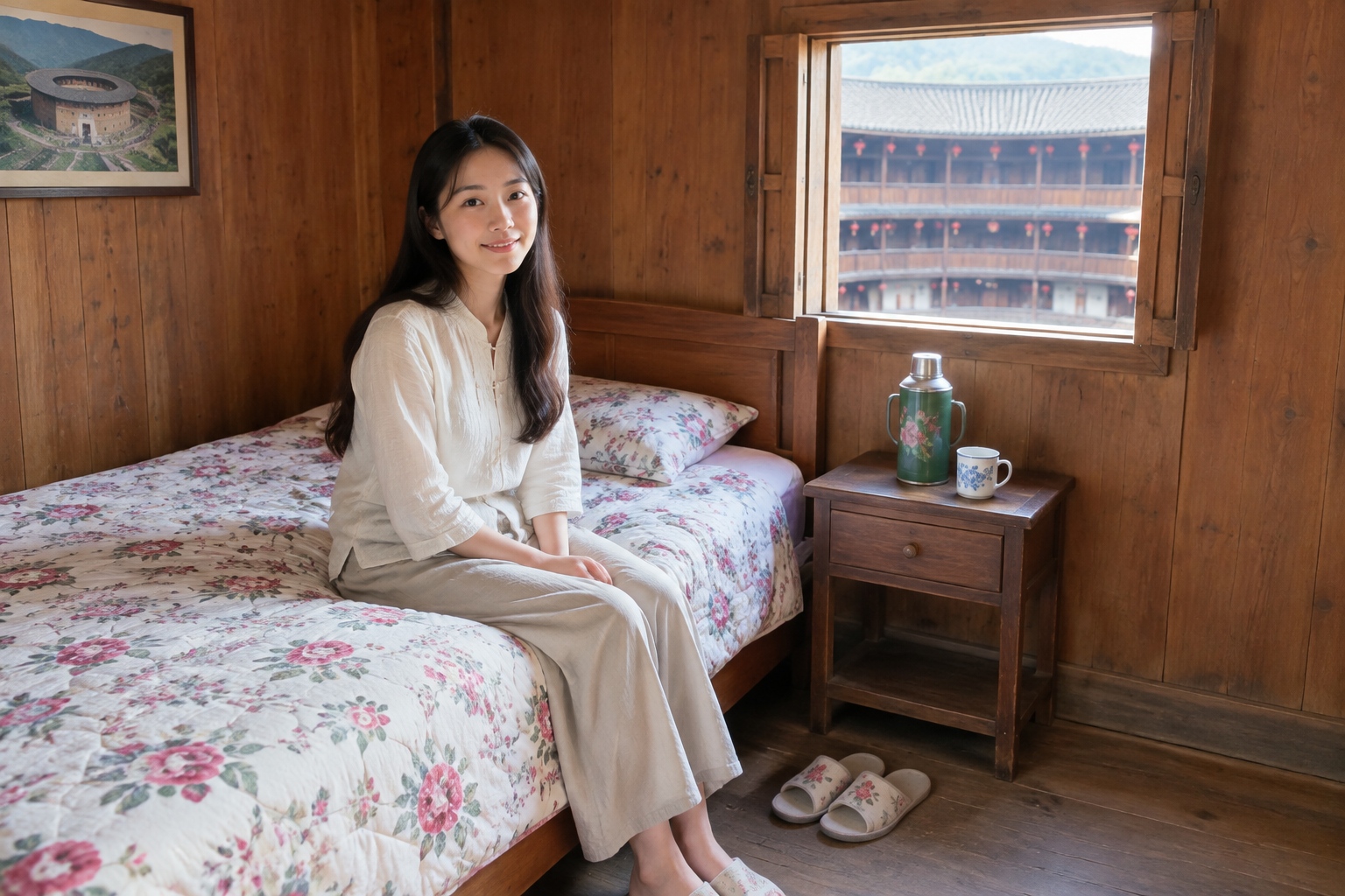 Simple guest room inside a Fujian tulou with a bed, thermos, and window overlooking the courtyard