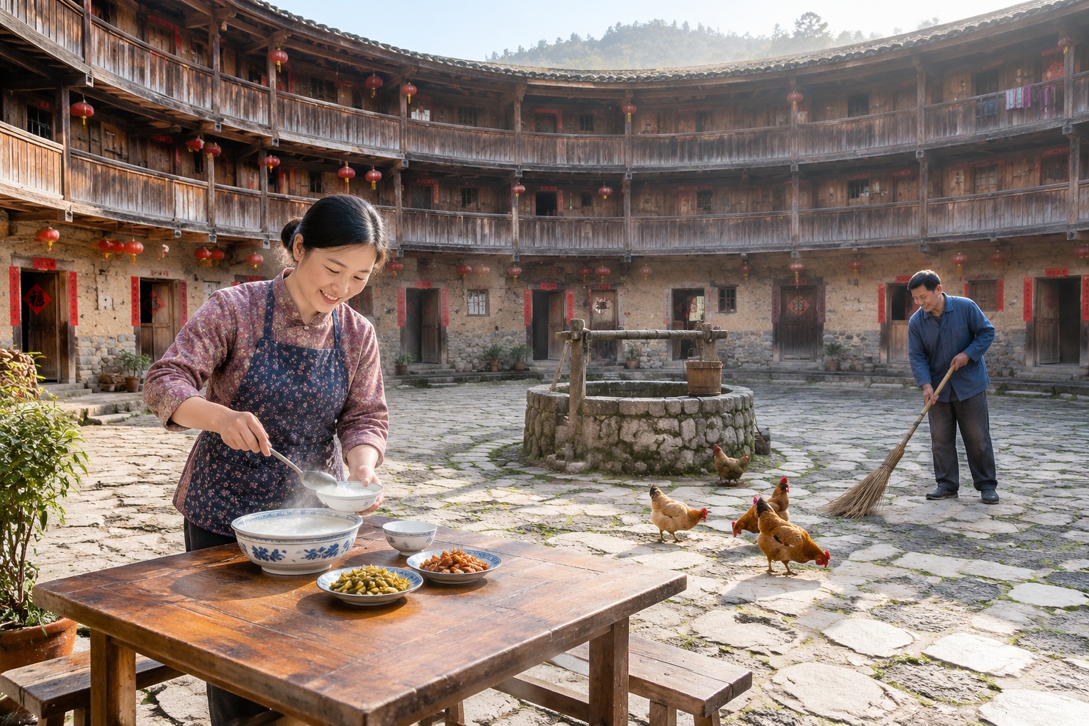 Morning in a Fujian tulou with a woman serving breakfast and a man sweeping the courtyard