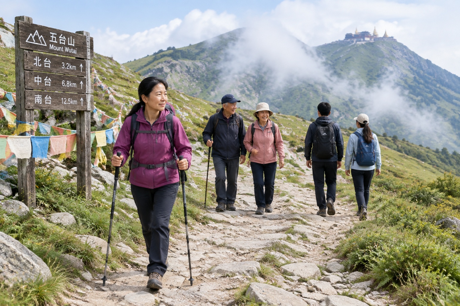 Pilgrims walking a mountain trail between two peaks on the Great Pilgrimage Circuit at Mount Wutai in Shanxi, China, carrying backpacks and hiking poles