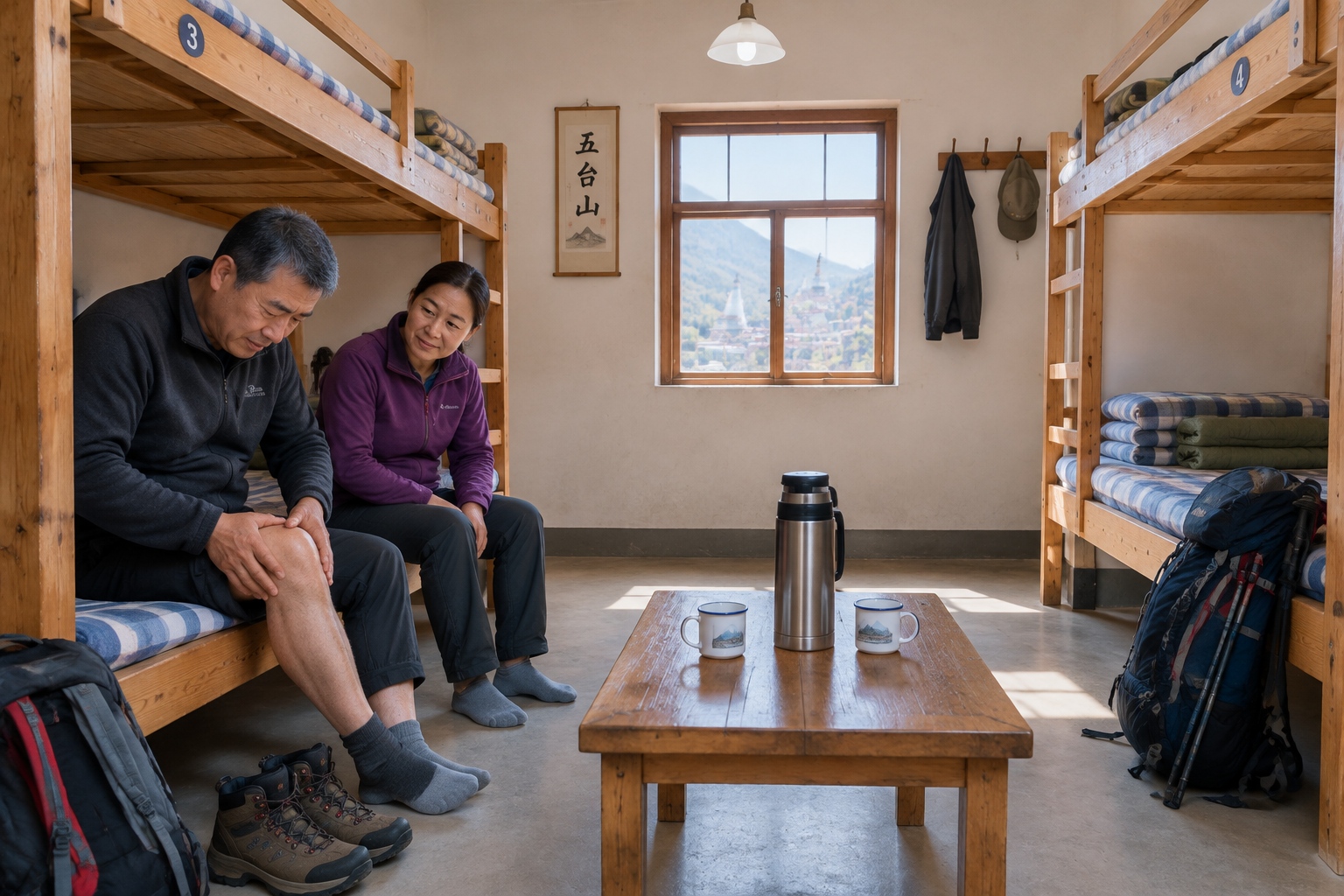 Simple temple dormitory room with wooden bunk beds and backpacks where pilgrims stay overnight on Mount Wutai in China